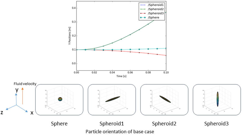 CFD simulations show that spherical particles and spheroidal particles have different trajectories when injected into an airflow (10m/s upwards) field. The initial orientation of spheroidal particles affects their trajectories.