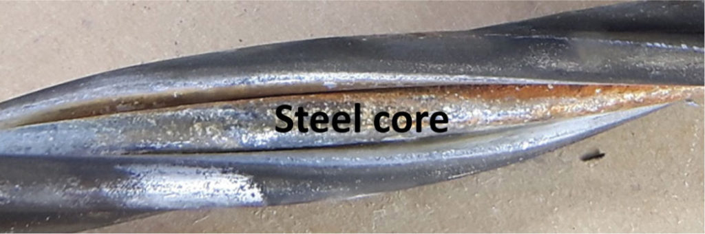 The steel core has entered a critical phase in which deterioration may be aggravated as a result of corrosion.