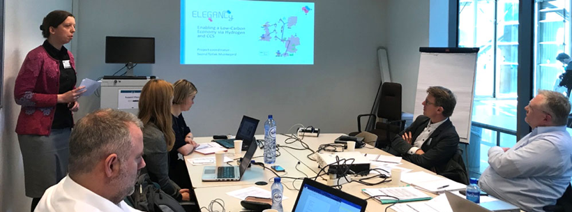 Gunhild A. Reigstad is presenting the ELEGANCY ACT project for the ZEP Network Technology (NWT) at the EU Commission in Rue du Champ de Mars 21, Brussels. In the picture Owain Tucker, Shell, Nikki Brain and Harriet Howe from the ZEP Secretariat, Filip Neele from TNO (NWT co-chair) and Arthur Heberle, Mitsubishi Hitachi Power Systems (NWT co-chair) pay attention.