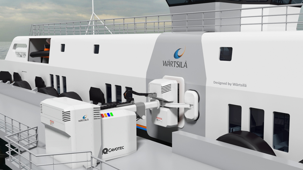 Wärtsilä and SINTEF have together developed a system for the contact-free charging of ferries. (https://www.tu.no/artikler/fra-sommeren-vil-bilfergen-lades-med-induksjon/367052 (Illustration: Wärtsilä)