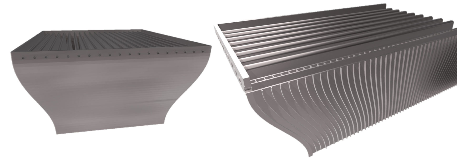 Figure 4: Design detail of gas-to-liquid heat exchanger concept with continuously changing channel geometry for both fluids.