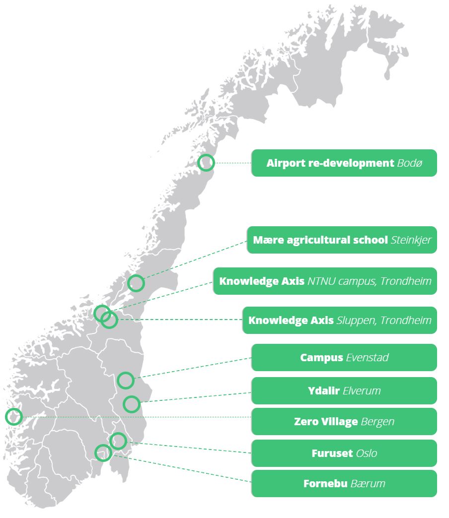 Pilotprosjekter: Kart over de ni pilotprosjektene for nullutslippsområder.