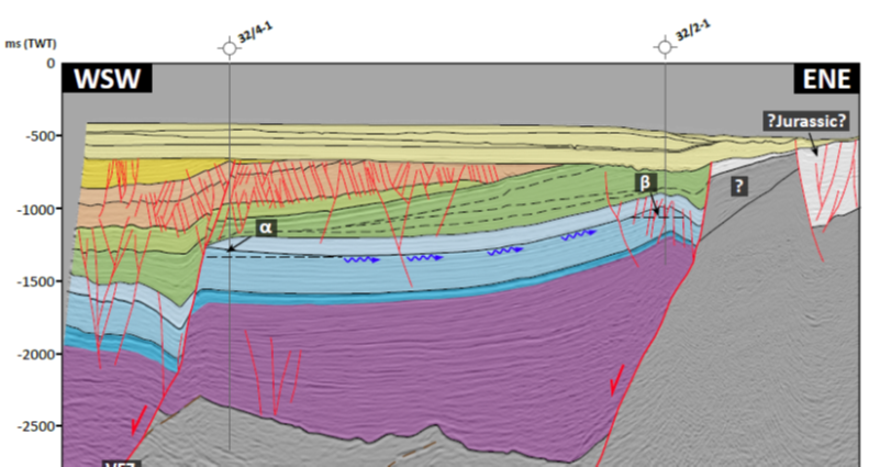 Seismic section with fault interpretation for Smeaheia