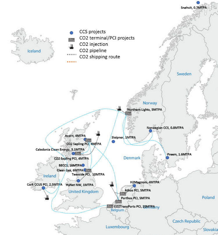 Map of operational and planned CCS storage sites in Europe by 2030
