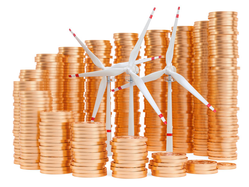 Wind turbines with growing chart from gold coins around.