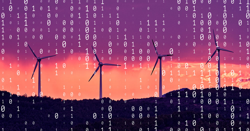 Bits of data overlayed on picture of a wind farm.