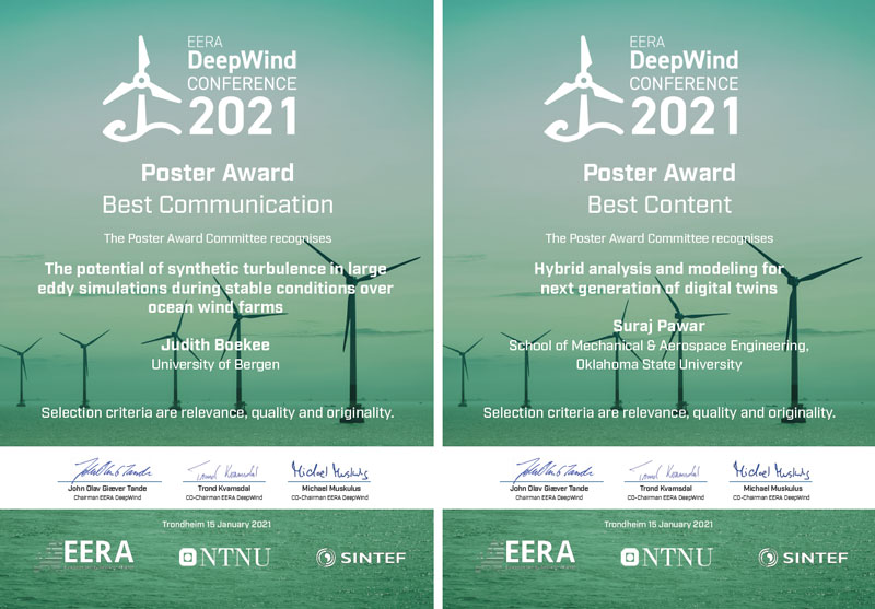 DeepWind 2021 Poster Award Best Communication: Judith Boekee, University of Bergen – Poster Award Best Content: Surah Pawar, School of Mechanical & Aerospace Engineering, Oklahoma State University