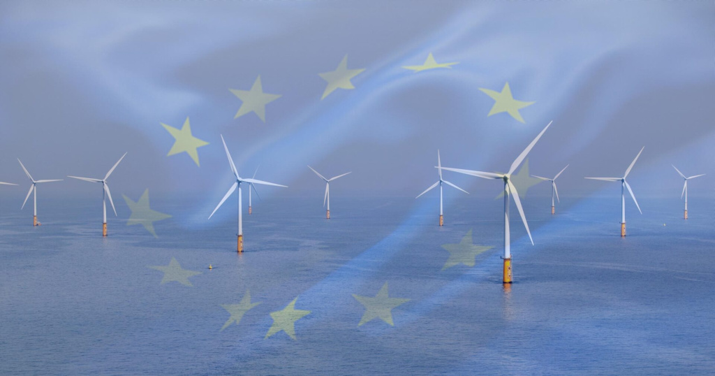 Offshore wind farm with the EU flag overlayed.