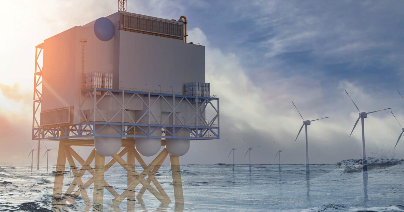 Concept illustration of an offshore energy hub with wind turbines in the background.