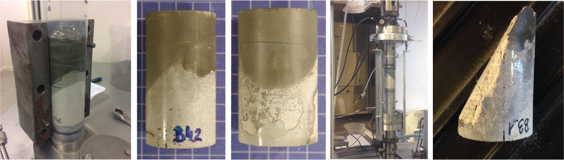 Composite plug of sandstone and cement; from left to right: mould for cement curing on an obliquely cut sandstone, and resulting composite plugs; compression testing to measure interface shear strength; sandstone part after testing.