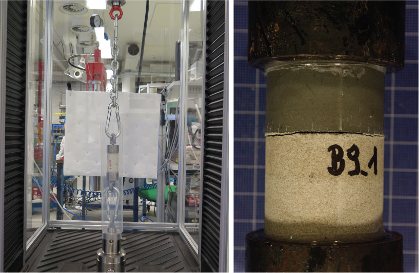 Tensile strength testing of cement bond. Left: Load frame with chains pulling metal caps glued on end faces of composite sample. Right: specimen after test showing fracture at interface.