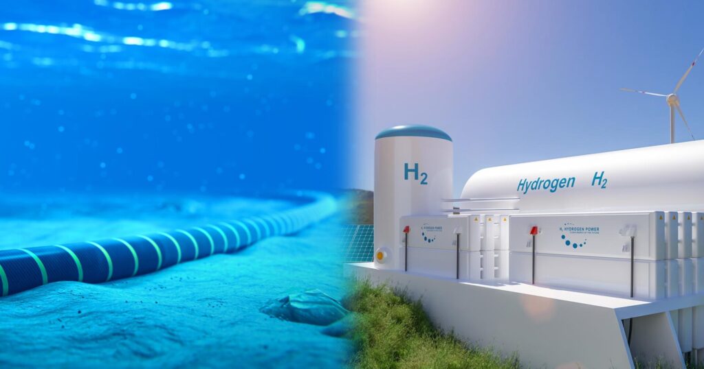 Collage showing a subsea cable on the left and hydrogen tanks on the right.