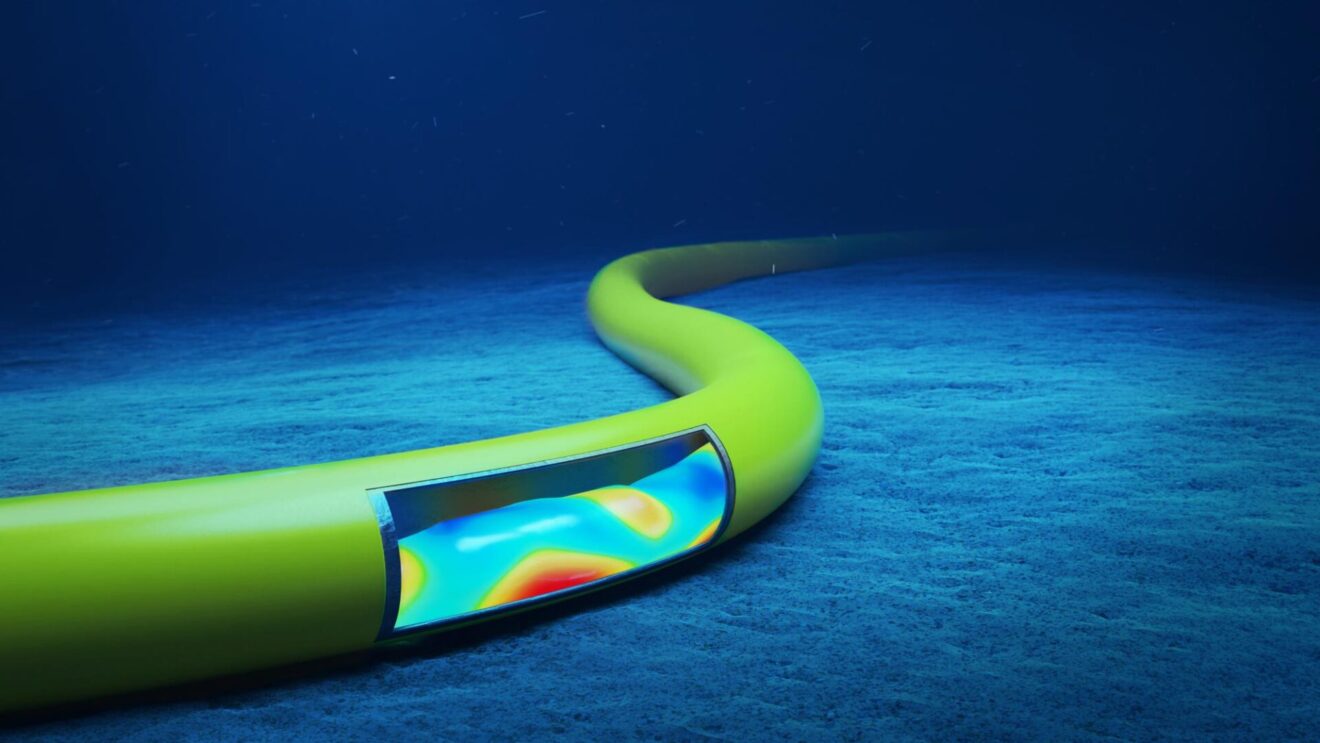 Rendering of a subsea pipeline with an opening in the side that shows its contents