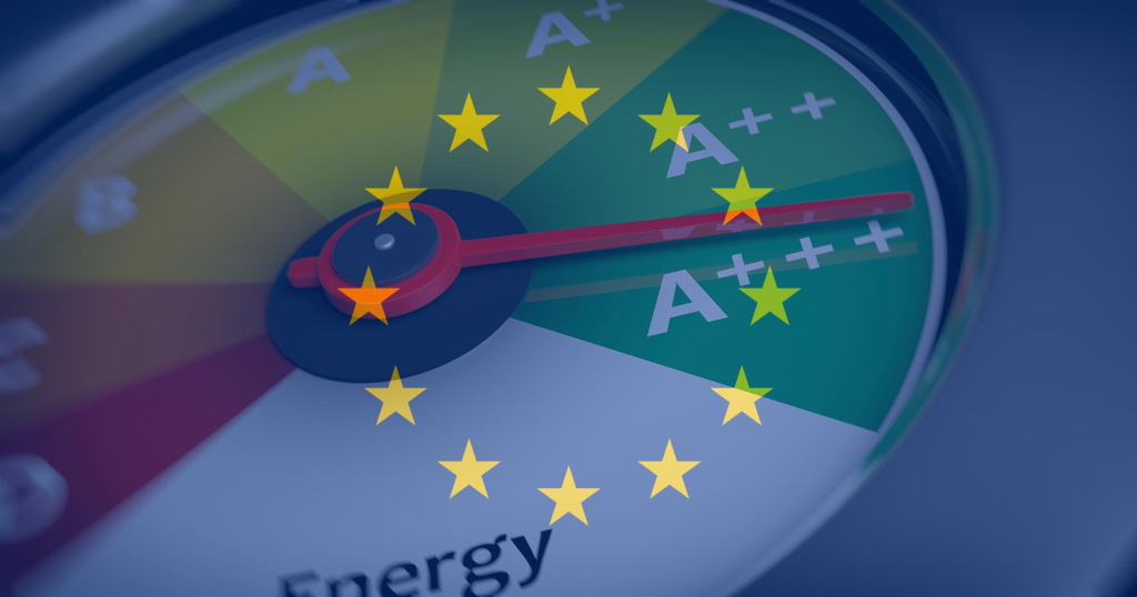 EU flag overlayed on a picture showing an energy efficiency dial