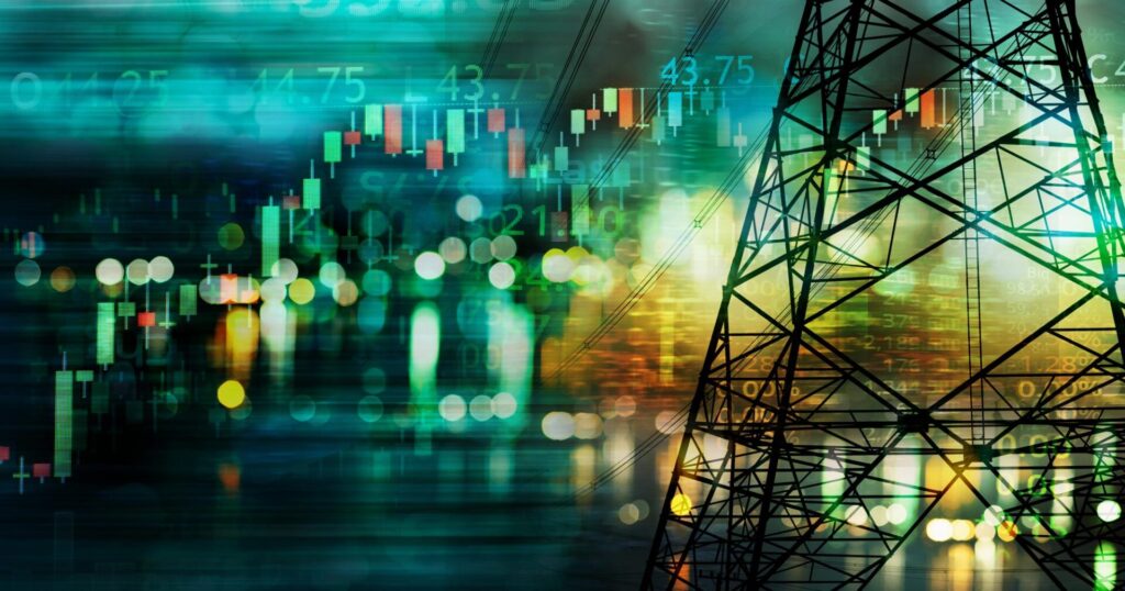 High transmission line with blurry cityscape and data overlay