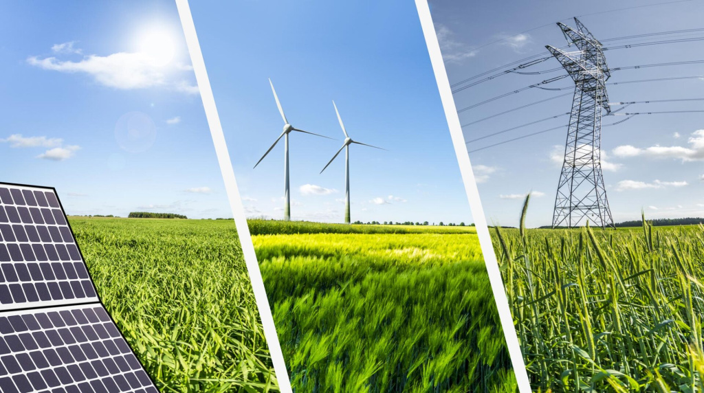 Image split in three parts, showing solar panels, wind turbines and transmission masts.