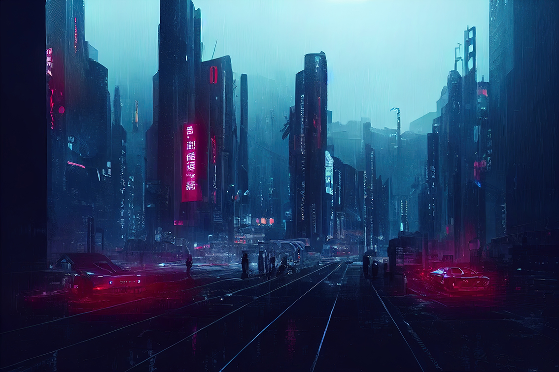 Dystopic future with neon signs and light.