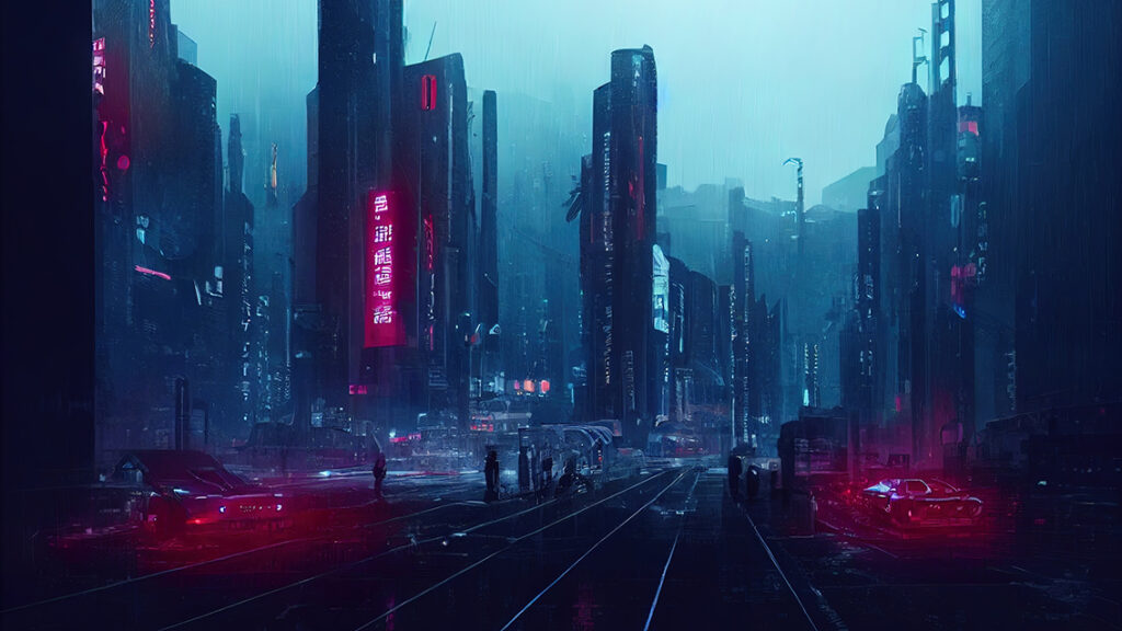 Dystopic future with neon signs and light.
