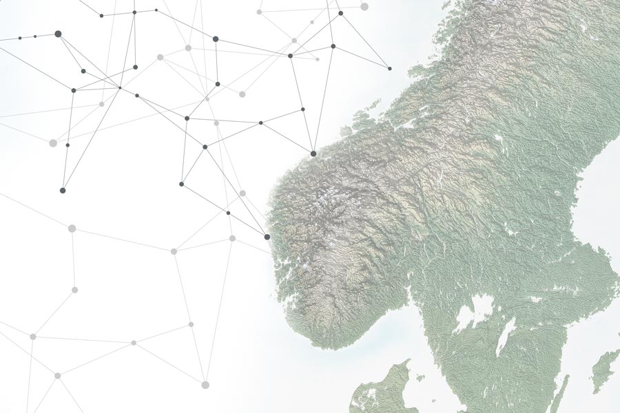 Map of Norway and the North Sea, with a network of nodes representing the future offshore grid.