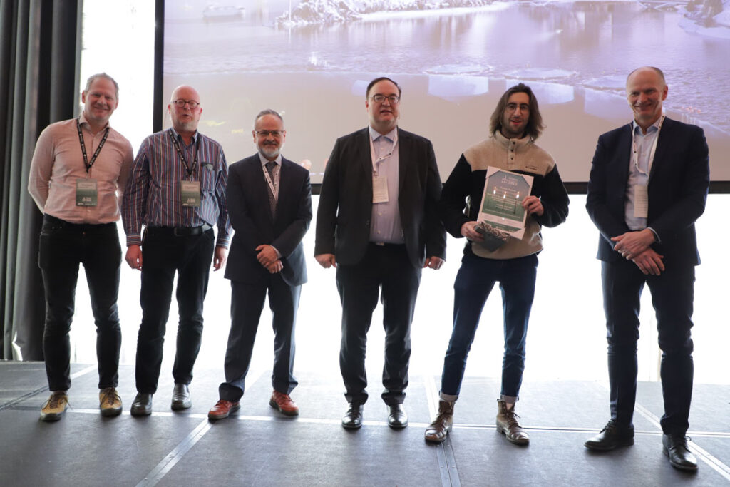 Left to right: members of the jury Michael Muskulus, NTNU, DeepWind co-chair; Arnoldus van Wingerde, Fraunhofer IWES; Anaya-Lara, Olimpo, University of Strathclyde; Trond Kvamsdal, NTNU, DeepWind co-chair; Thomas Messmer, University of Oldenburg award winner for Best Communication; John Olav Tande, DeepWind co-chair.