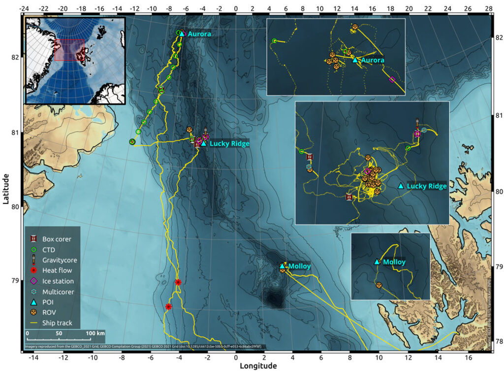 Map showing the locations of all scientific activities during the expedition.