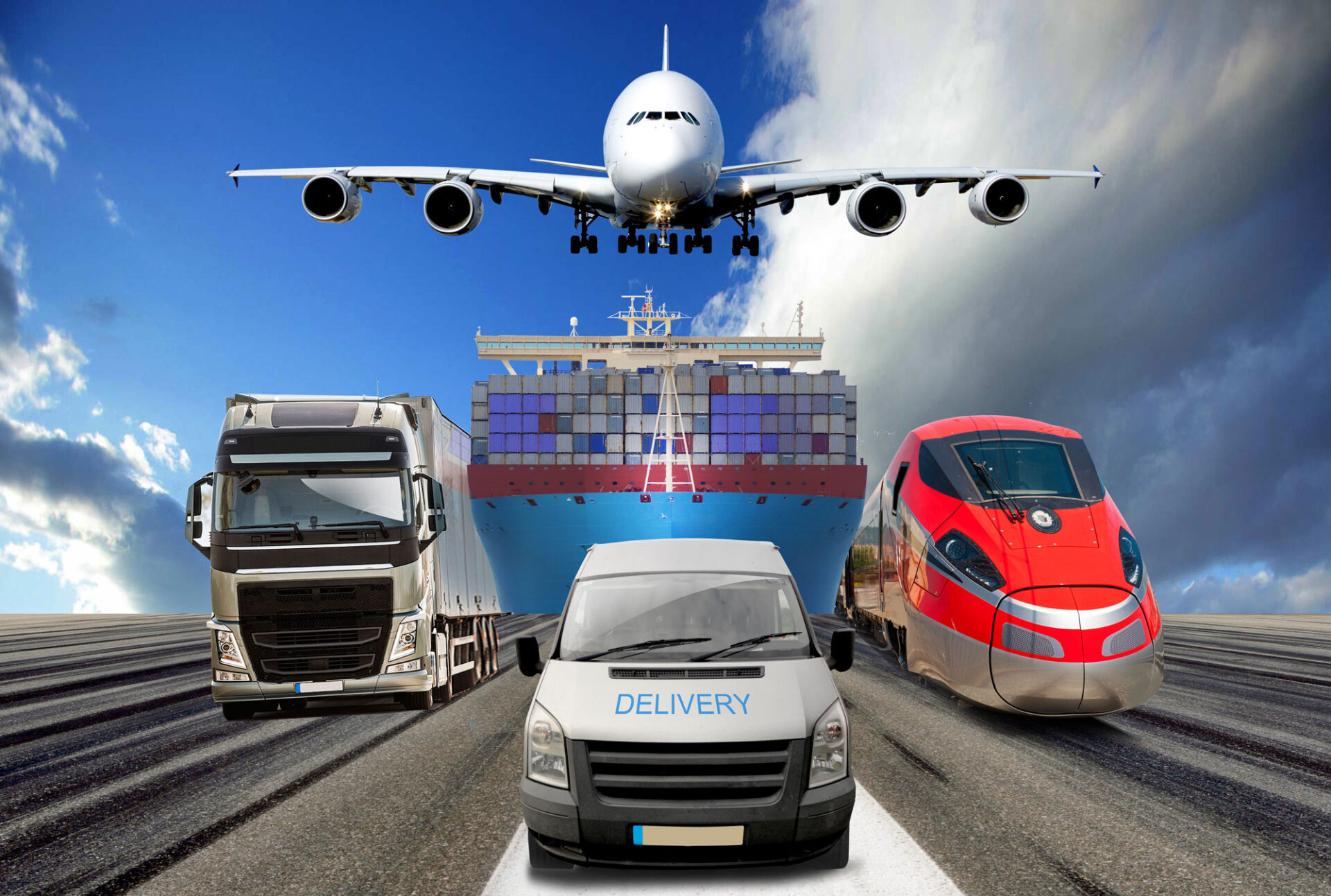 Illustration, showing a truck, car, shipping, train and airplane
