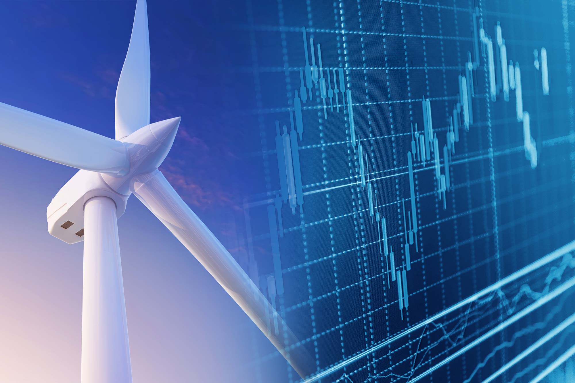 Composite image showing a wind turbine on the left and a stock market graph on the right.