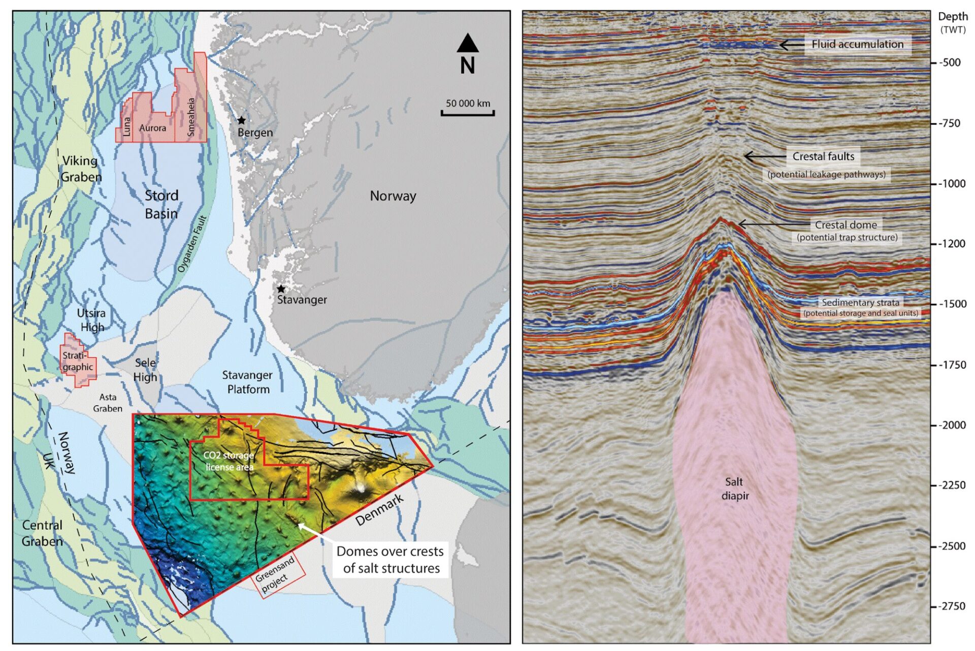 Map of NDB and seismic section