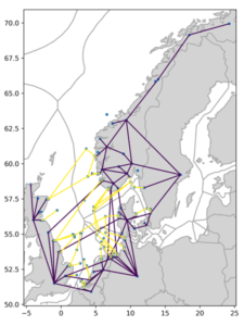 Ocean grid transmission expansions (yellow lines) in the year 2035, for the example case.
