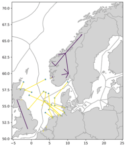 Ocean grid transmission expansions (yellow lines) in the year 2040, for the example case.