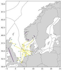 Ocean grid transmission expansions (yellow lines) in the year 2050, for the example case.