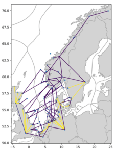 Illustration of the optimally chosen first-stage investment decisions (purple lines) for the example case with a specified set of input data assumptions. 