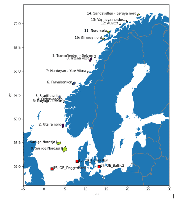 Kart som viser områder under vurdering for havvintdutvikling in Norge.