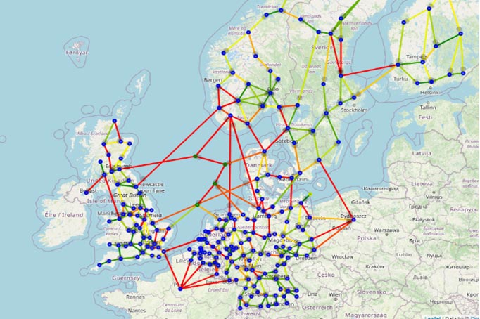 Kart over strømnettet i Scenario A.