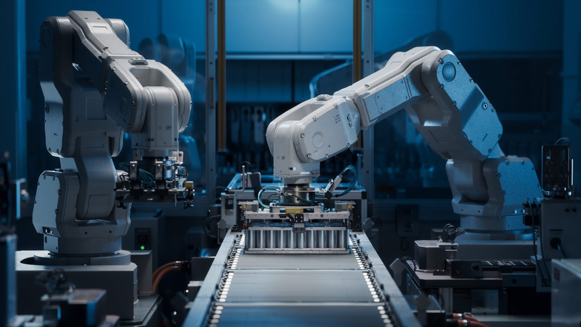 Two robotic arms working on a conveyor belt.