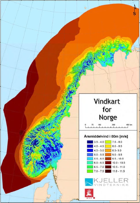 Kart som viser vindressursene langs Norges kyst.