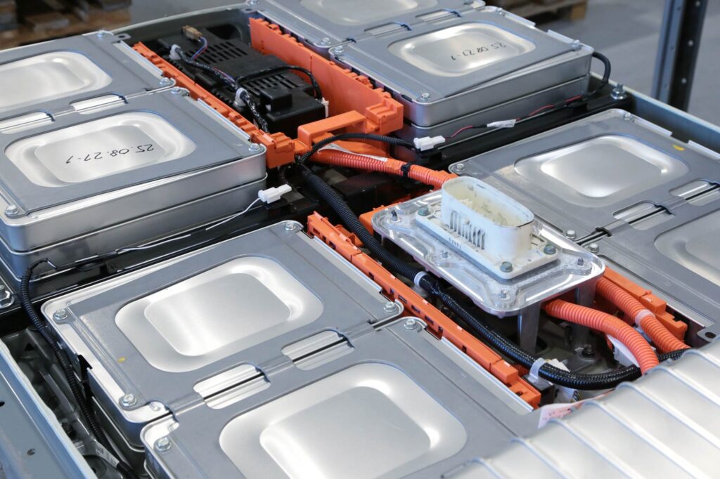 Close-up of a used Nissan Leaf battery.