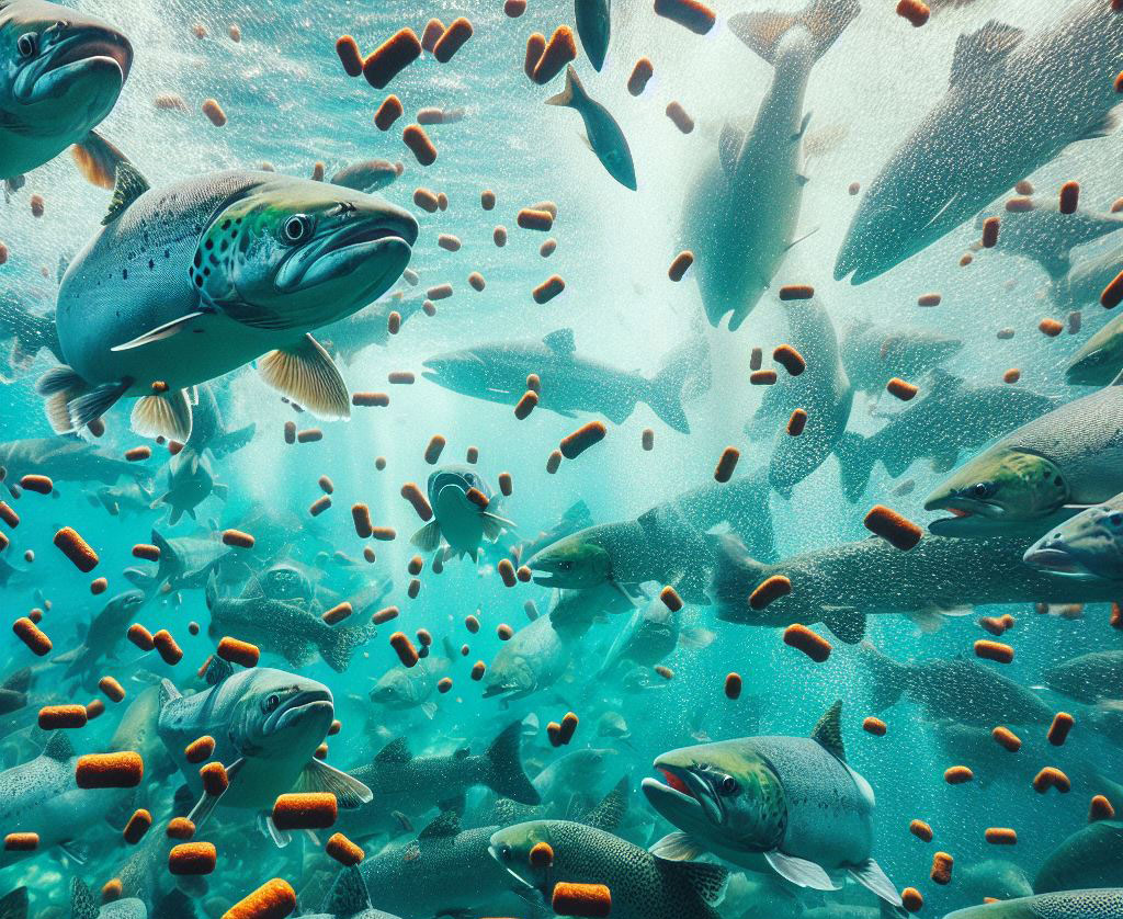 Salmon eating pellets under water
