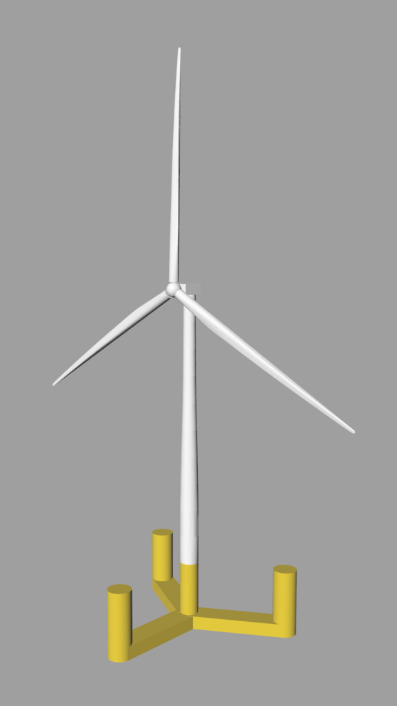 Computer-image of a wind turbine on a yellow floater with three 'legs'.