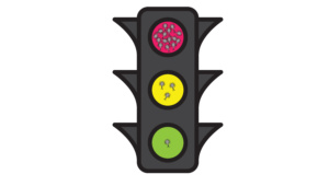 Trafikklys med lus. Flest på rødt, færrest på grønt.