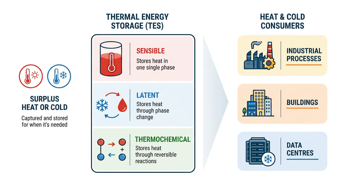 Infographic showing the flow of thermal energy storage (TES) from surplus heat or cold to end users. On the left, red and blue thermometer icons represent surplus heat and cooling, accompanied by the text “Surplus heat or cold – Captured and stored for when it’s needed.” In the centre, a large panel titled “Thermal Energy Storage (TES)” presents three storage technologies. The top section, “Sensible TES,” shows a container with a thermometer and the text “Stores heat in one single phase.” The middle section, “Latent TES,” shows a water droplet and snowflake connected by circular arrows, with the text “Stores heat through phase change.” The bottom section, “Thermochemical TES,” shows two connected coloured circles that separate and reconnect, illustrating a reversible reaction, with the text “Stores heat through reversible reactions.” A large pale arrow-shaped wedge points from the TES panel toward the right side of the figure. On the right, three application areas are shown in separate boxes with icons: industrial processes, buildings, and data centres. The layout conveys that surplus heat or cold can be stored using sensible, latent, or thermochemical TES technologies and later supplied to industrial facilities, buildings, and data centres.
