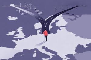 Flat illustration of a person standing at a crossroad, with a map of Europe in the background.