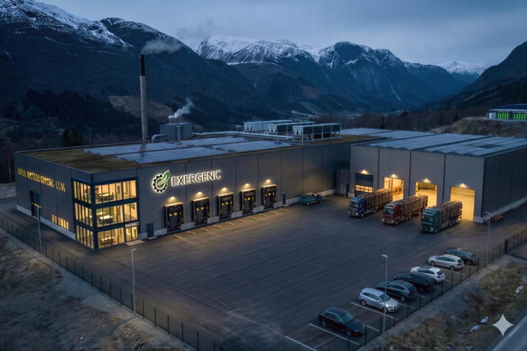 AI-generert bilde av et fremtidig industrianlegg for tørking og pyrolyse.