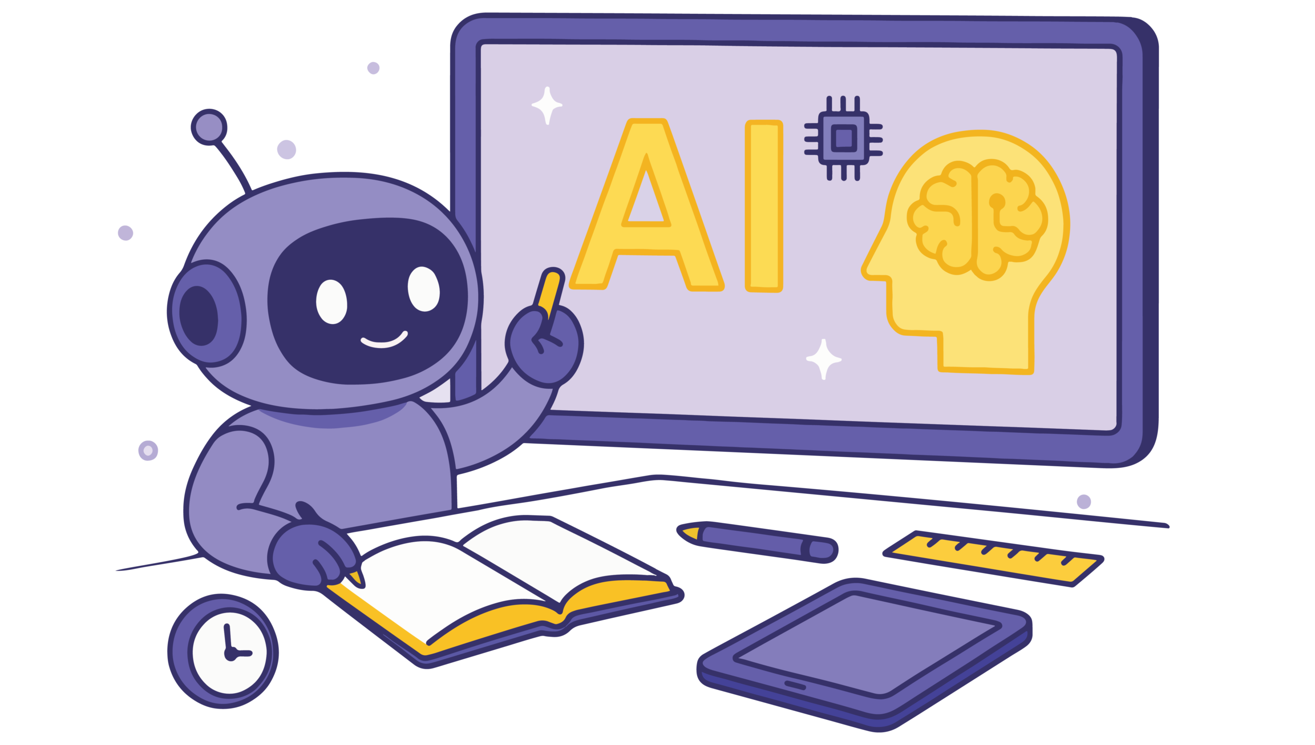 Friendly looking robot at a desk pointing to a screen with AI and a human brain on it.